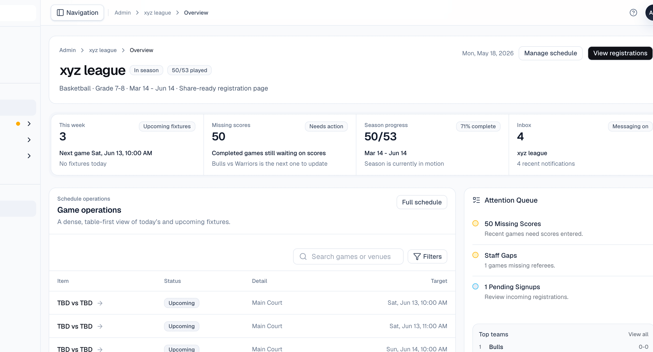 Ledge organizer dashboard for a grade 7–8 basketball league with a View registrations action and a pending signups item