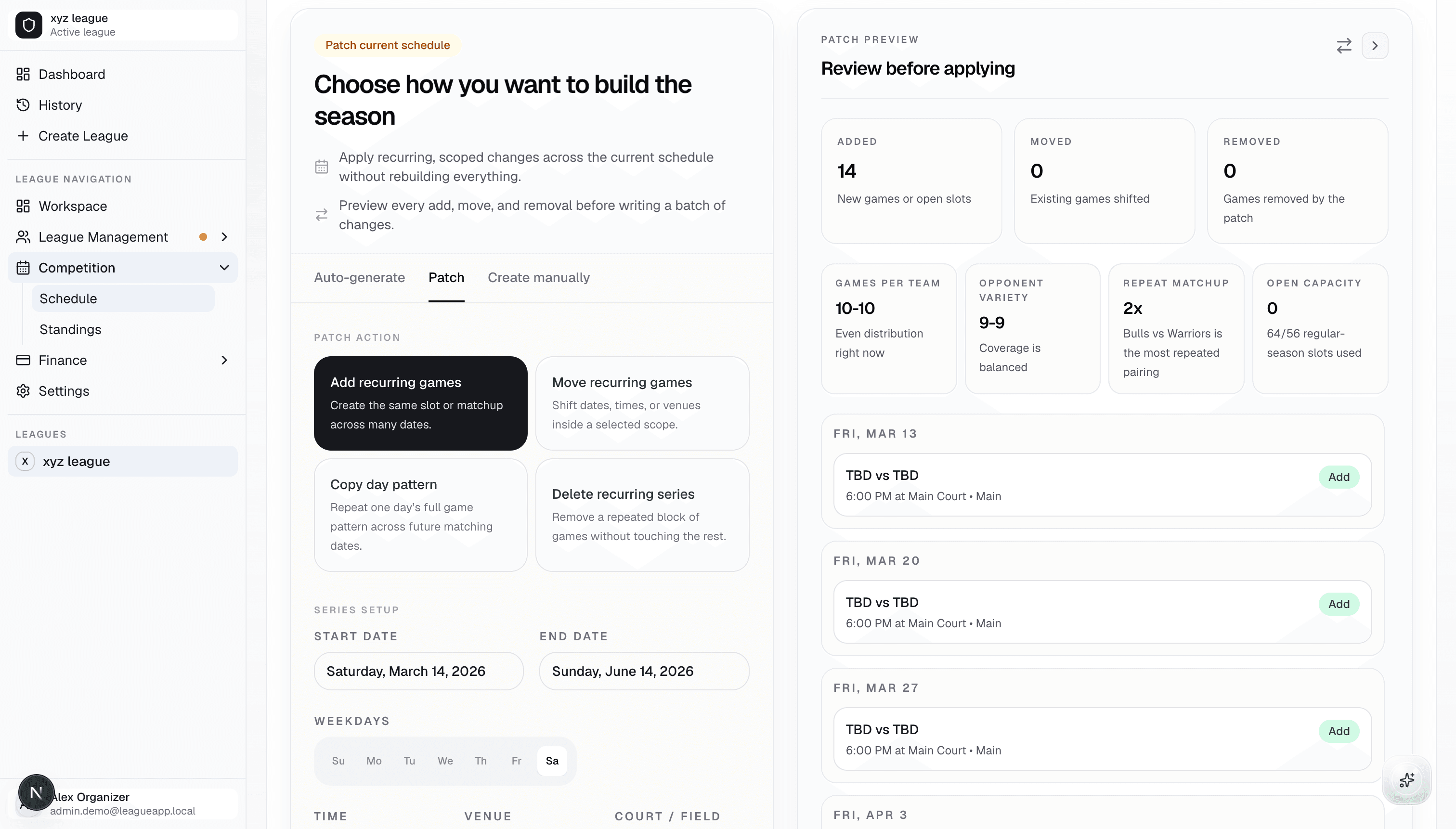 Ledge schedule workspace showing a reviewable schedule change